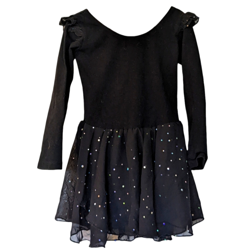 Danswan Dance leotard Size 6-7 black long sleeves sparkle attached skirt